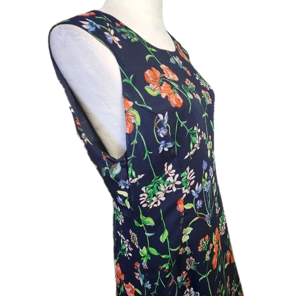 Tommy Hilfiger Women's Trapeze Dress Sz‎ 14 Navy Blue Floral Sleeveless Chiffon